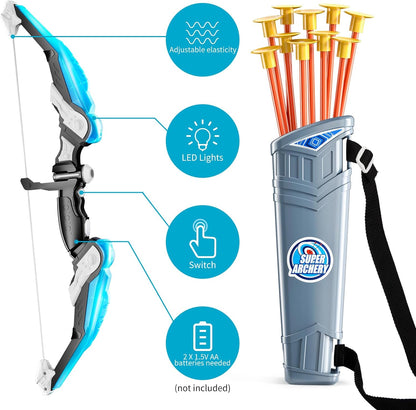 TEMI Bow and Arrow Set for Kids - Archery Toy Set - LED Light Up with Suction Cup Arrows, Target &