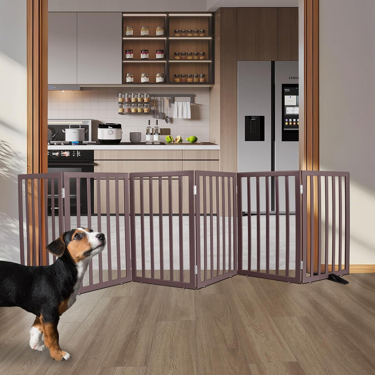 ZJSF Freestanding Indoor Dog Gate for House Foldable Wood Puppy Gate for Doorways Pet Gate for