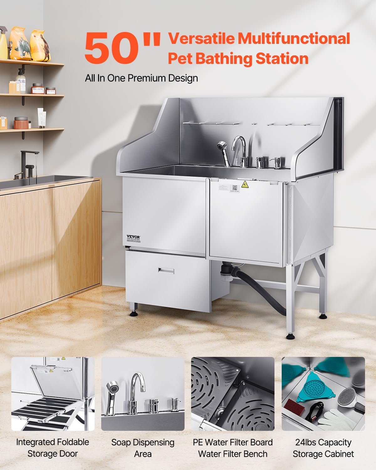 VEVOR Professional 304 Stainless Steel Dog Bathing Station, 50 inch Pet Grooming Tub w/Anti-Slip
