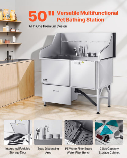 VEVOR Professional 304 Stainless Steel Dog Bathing Station, 50 inch Pet Grooming Tub w/Anti-Slip