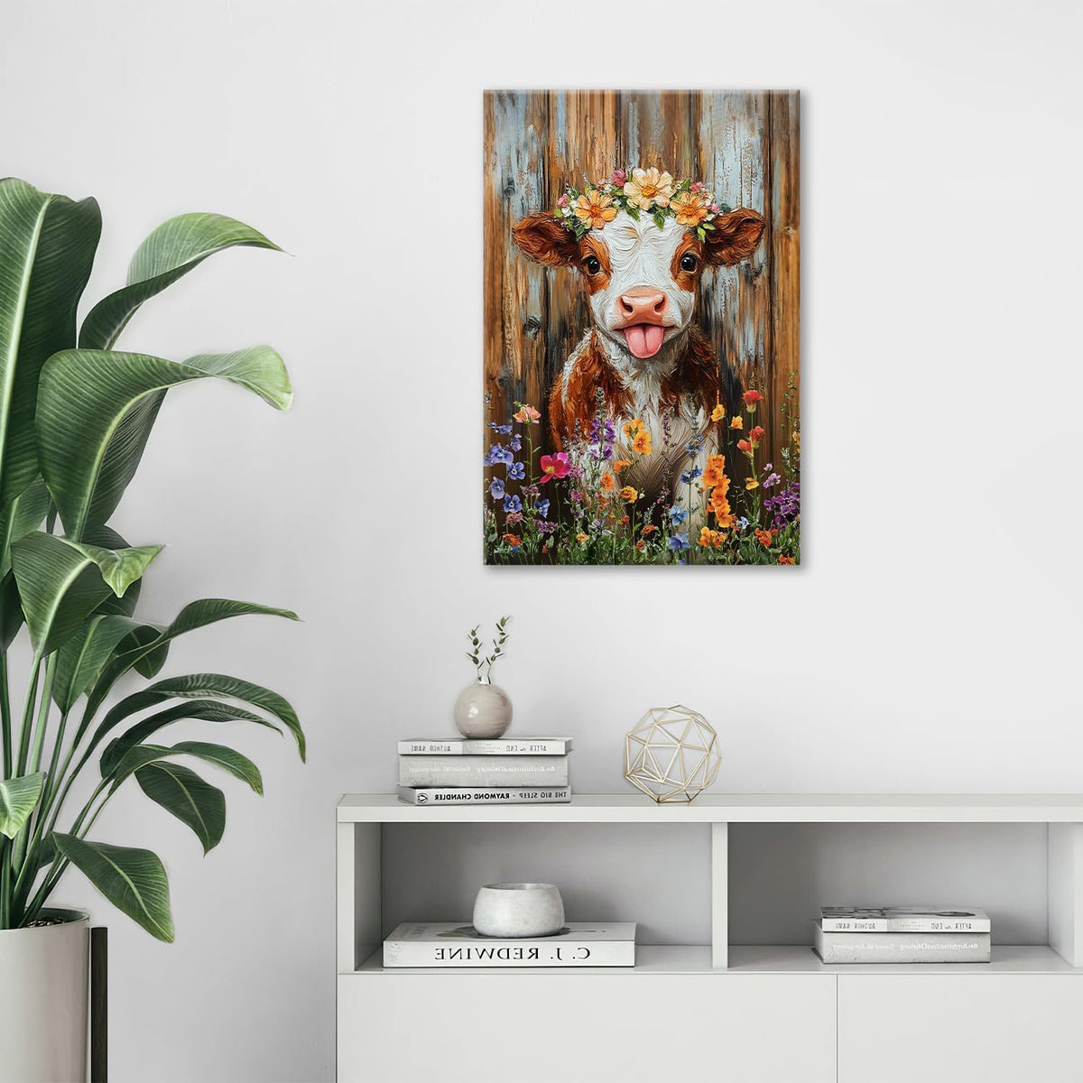 Funny Cow Bathroom Pictures Wall Art, Rustic Brown Cute Cow Bathroom Wall Decor, Farmhouse Floral