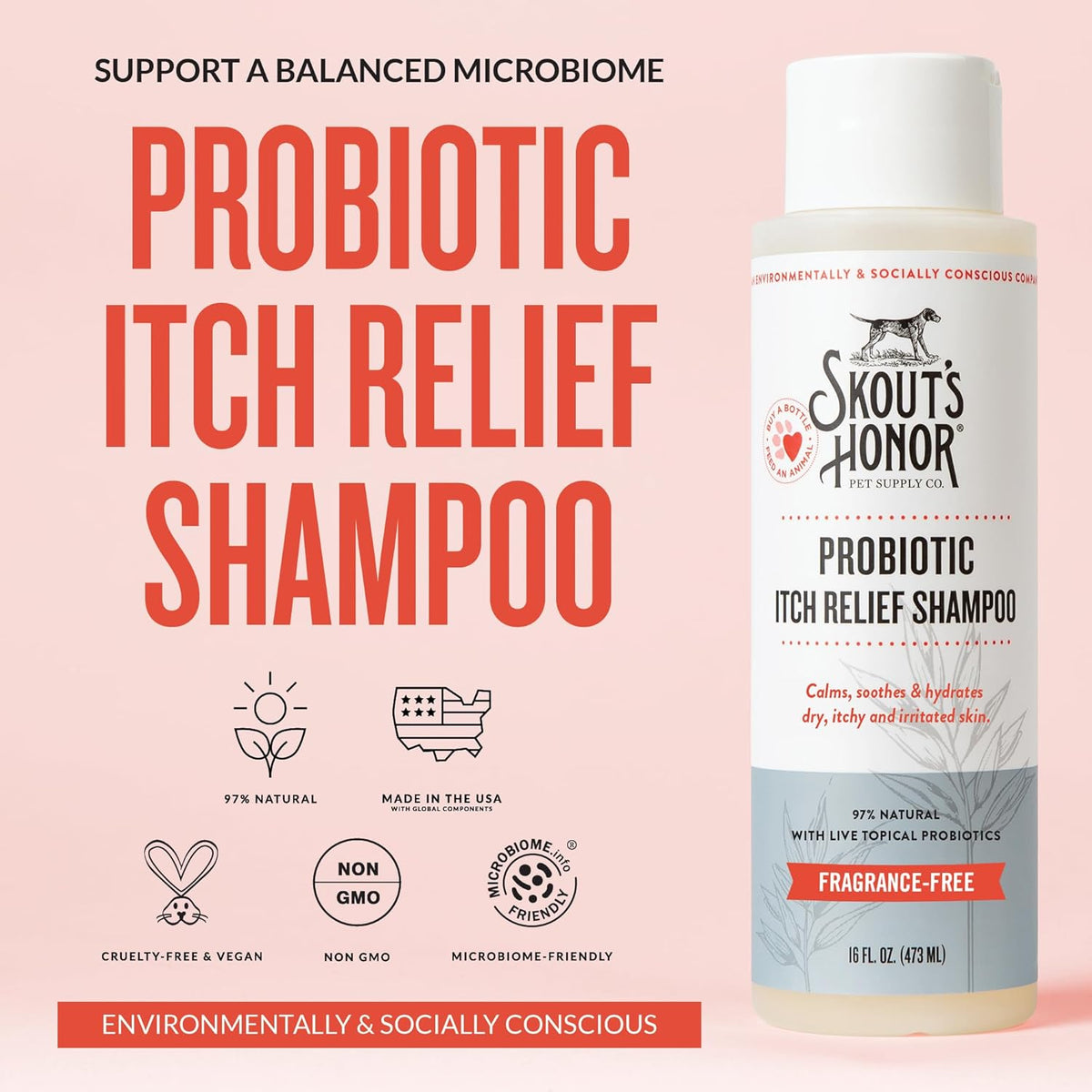 Skout's Honor Probiotic Itch Relief Shampoo for Pets - Non-Medicated, Fragrance-Free, Paraben &