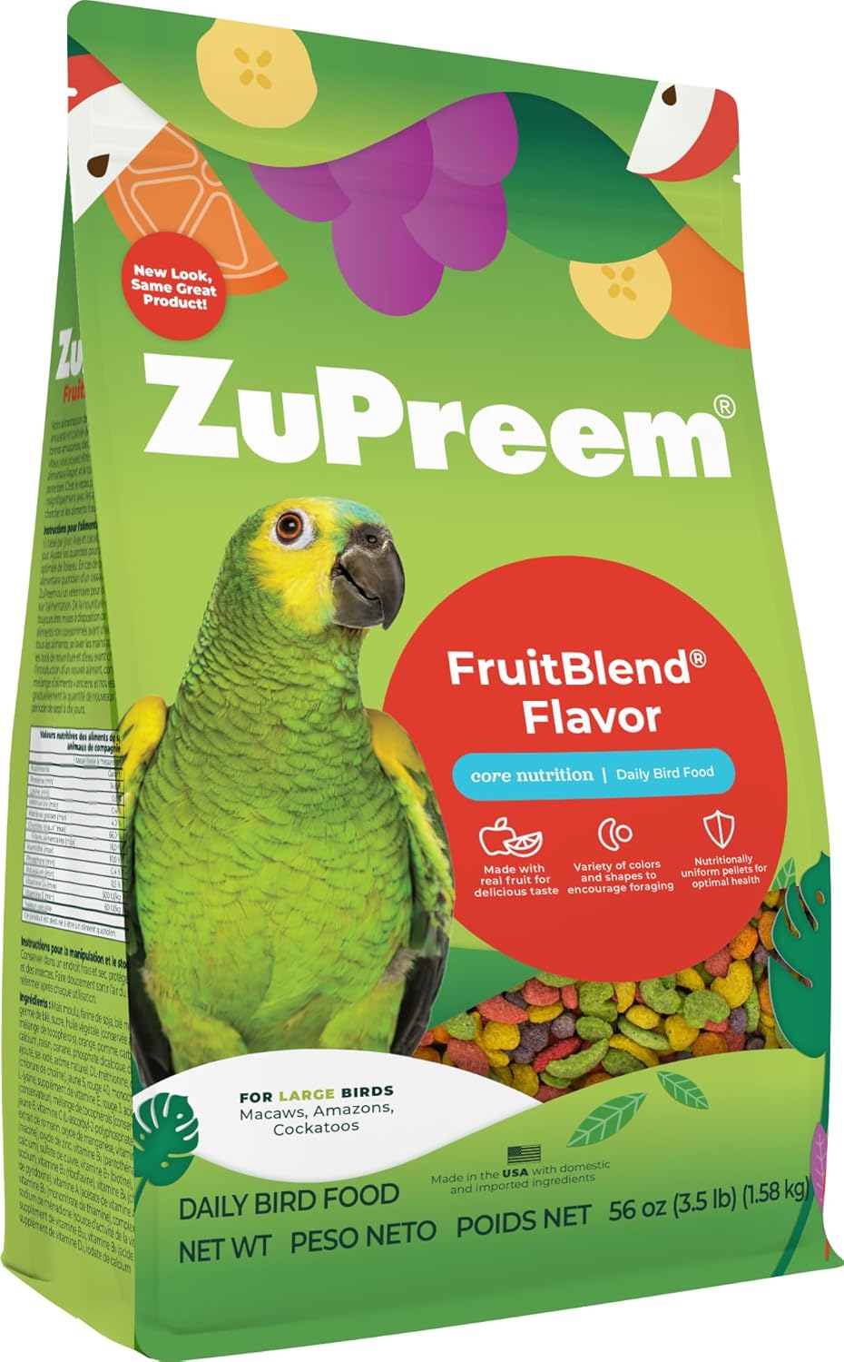 ZuPreem FruitBlend Bird Pellets, Daily Bird Food for Amazon, Cockatoo, Macaw, Core Nutrition for