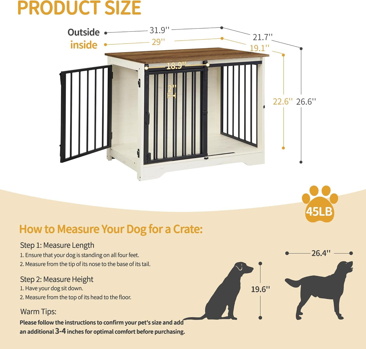 31.9" Dog Crate Furniture with Barn Door, Heavy Duty Dog Kennel Indoor with 2 Doors, Wooden Pet