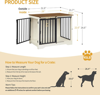 31.9" Dog Crate Furniture with Barn Door, Heavy Duty Dog Kennel Indoor with 2 Doors, Wooden Pet
