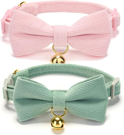 2 Pack Soft Corduroy Cat Collars with Bow Tie & Bell, Adjustable Breakaway Cotton Kitty Bowtie