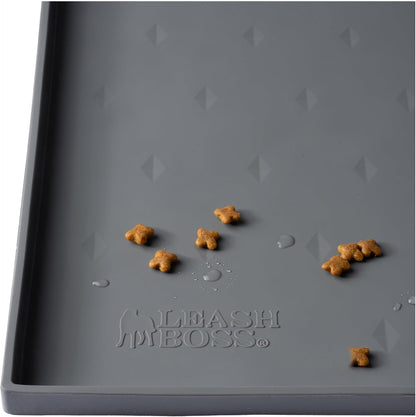 Leash Boss Silicone Pet Feeding Mat with Raised Edge - 20" x 13" Grey - Waterproof Non-Slip Dog