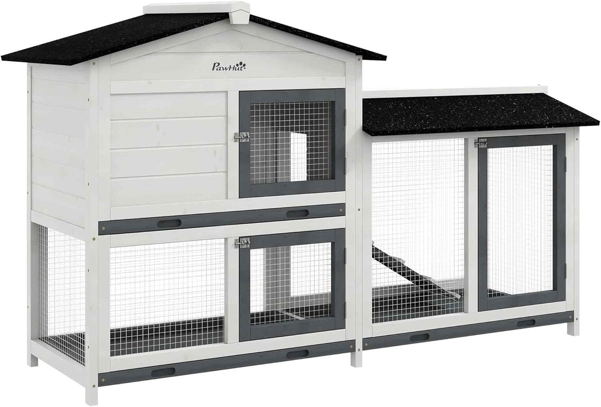 PawHut 62" Rabbit Hutch, Wooden Bunny Hutch, Guinea Pig Cage, Small Animal Enclosure with Run Area