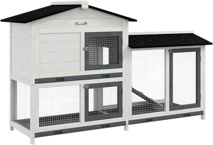 PawHut 62" Rabbit Hutch, Wooden Bunny Hutch, Guinea Pig Cage, Small Animal Enclosure with Run Area