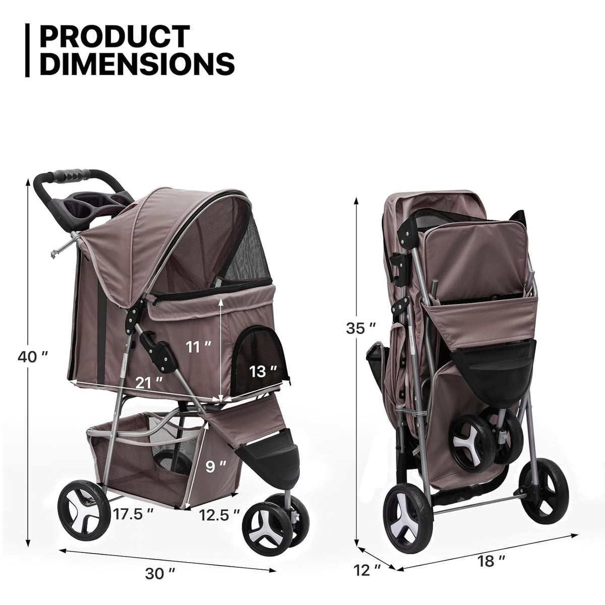 MoNiBloom Foldable Dog Strollers for Small Dogs with Weather Cover, 3 Wheels Pet Strolling Cart for