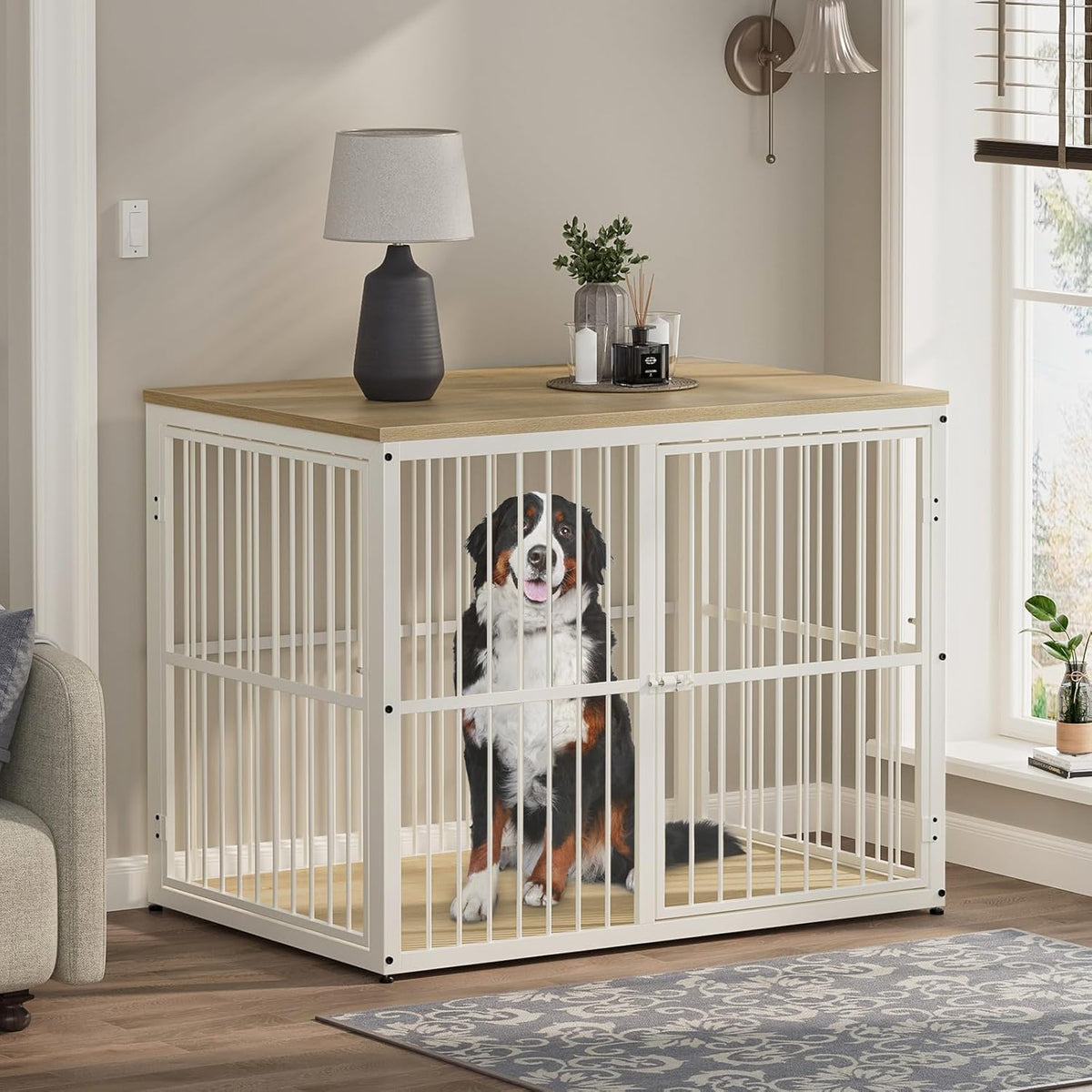 Lyromix 43'' Dog Crate Furniture with 3 Doors, XL Wooden Crate End Table, Heavy Duty Indoor Puppy