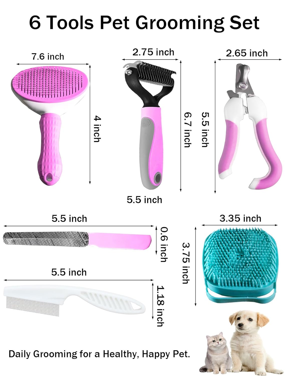 6ps Dog Cat Brush Grooming Kitf, Dog Cat Brushes, Bath Brush, Dematting Rake and Comb, Nail