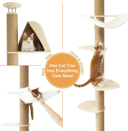 FUKUMARU Floor to Ceiling Cat Tree, 6 Level Adjustable Height (6-10 ft) Climbing Tower with