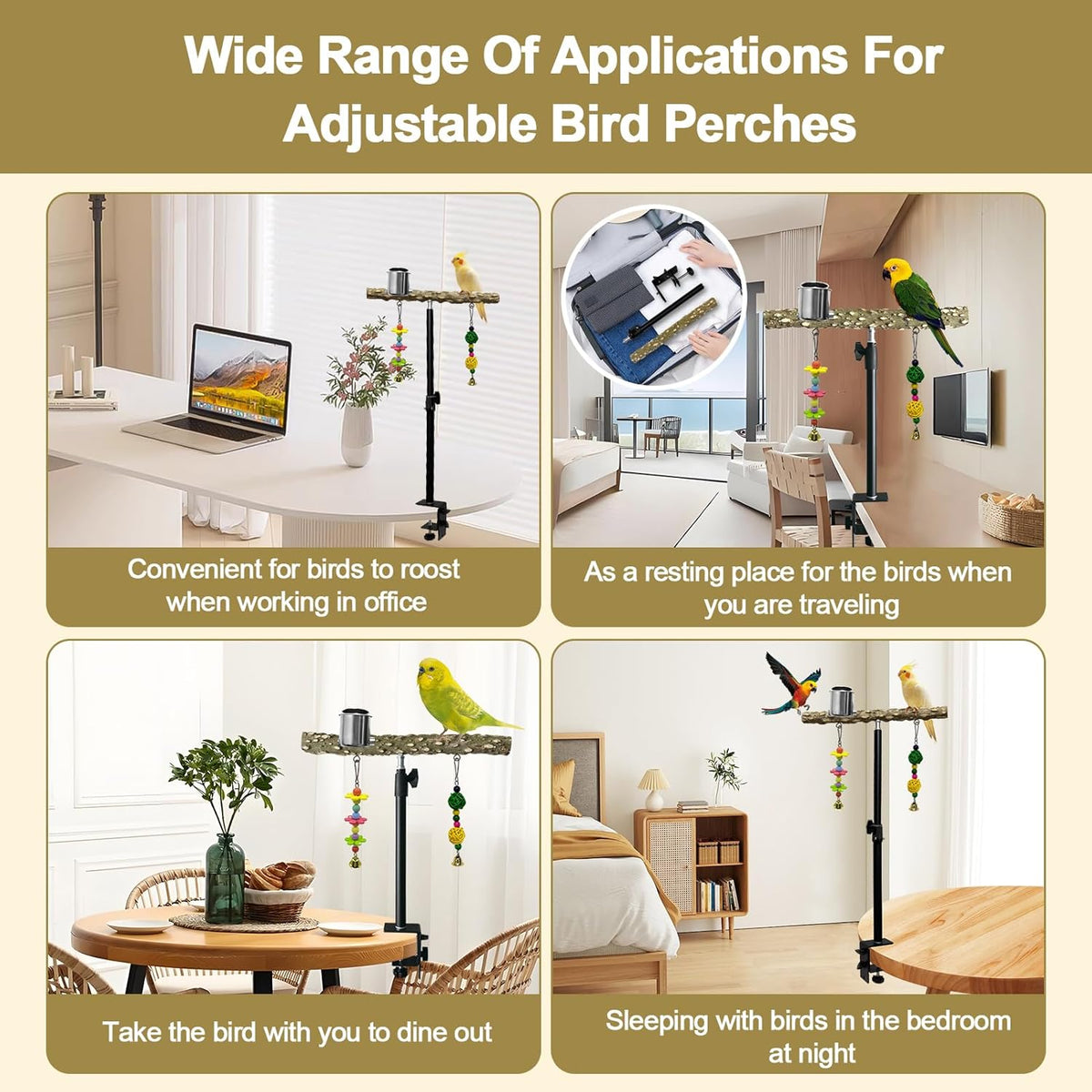 18-27 Inch Height Adjustable Bird Perch Pepper Wood Desktop Bird Training Perch Stand with Feeding