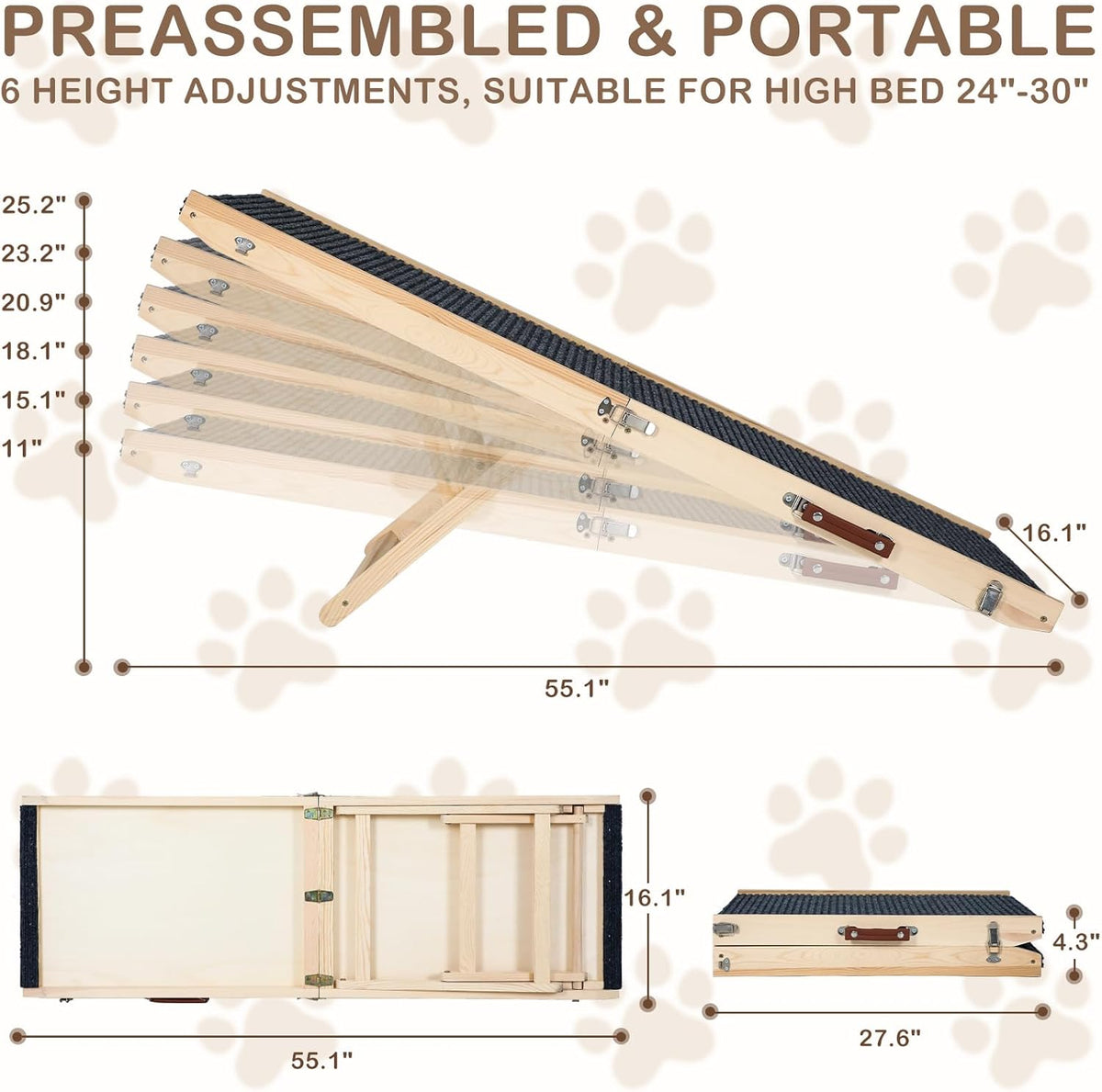 Folding Dog Ramp Safety, Wooden Adjustable Height Pet Ramps, Potable Dog Steps with Non-Slip