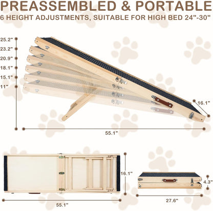 Folding Dog Ramp Safety, Wooden Adjustable Height Pet Ramps, Potable Dog Steps with Non-Slip