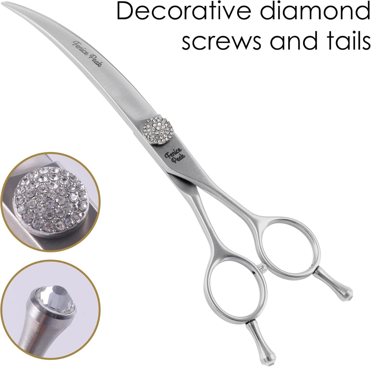 Fenice Peak Curved Dog Grooming Scissors with Jewelled Screw 440C Stainless Steel Pet Grooming