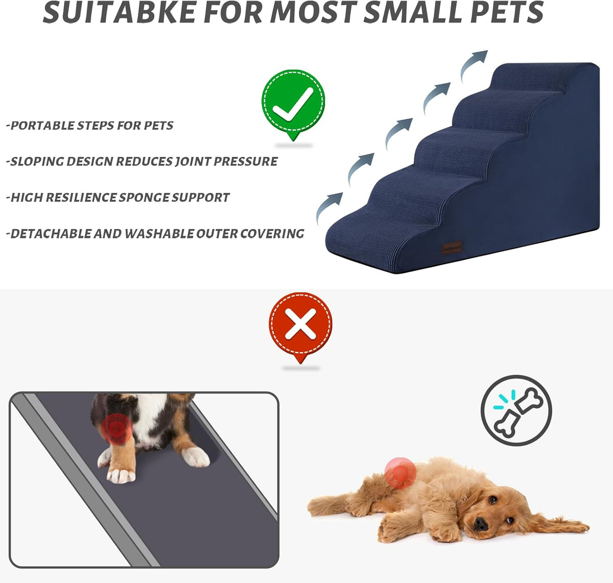 5-Step Dog Stairs and Ramp for High Bed, Non-Slip Sturdy Pet Steps for Small Dogs and Cats,22.2"
