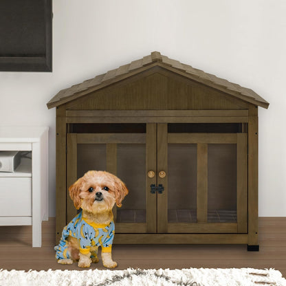 MCombo Wooden Dog House Furniture, Solid Wood Pet Kennel Indoor for Small/Medium Dogs, JD54 (Brwon
