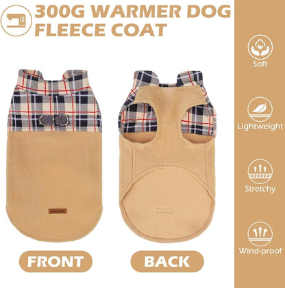 EXPAWLORER Fleece Dog Sweater - Classic Plaid Dog Jacket, Winter Coat Vest with 2 D-Rings for