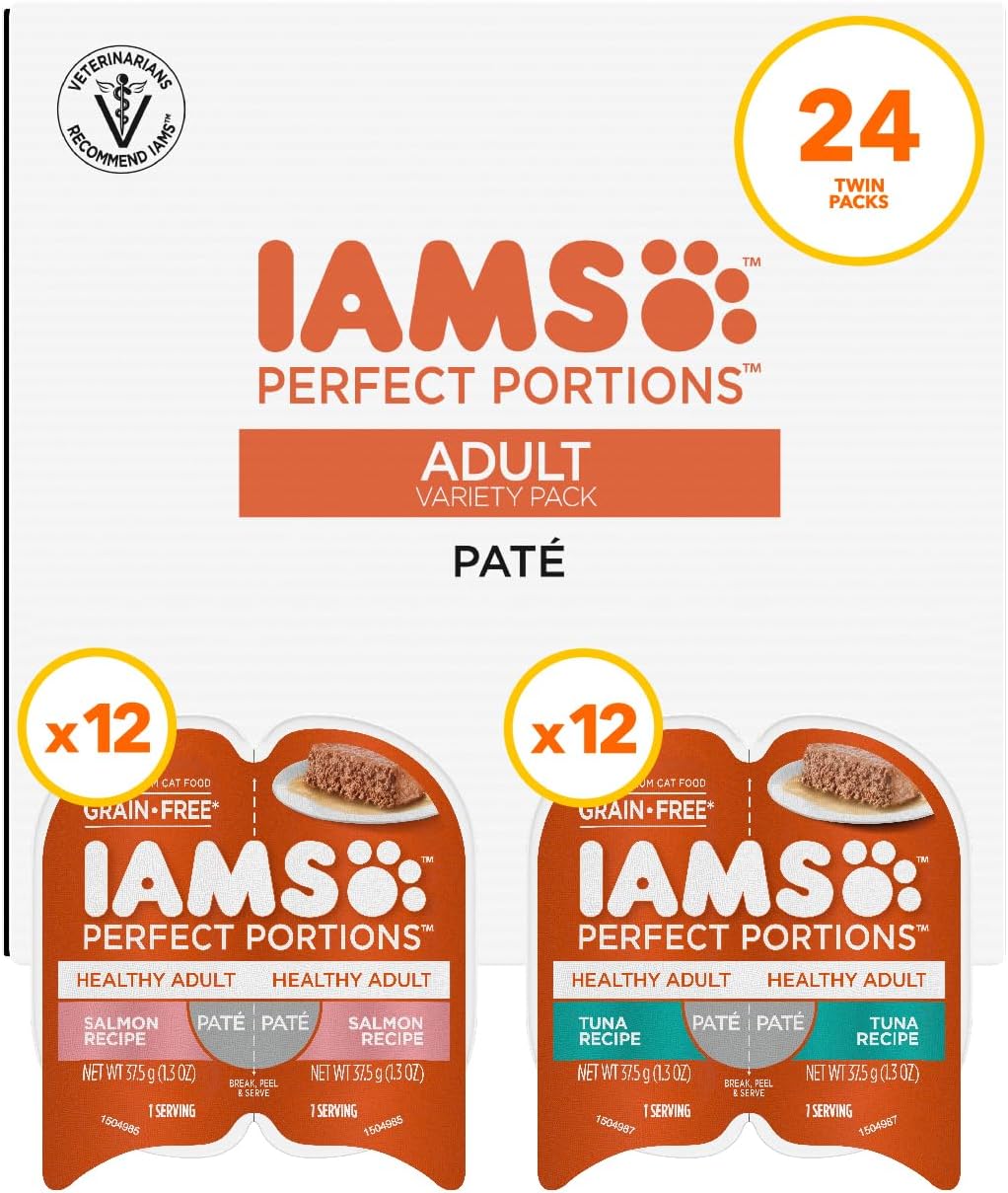 IAMS Perfect Portions Healthy Adult Wet Cat Food Pate, Salmon and Tuna Recipe Variety Pack, 2.6 oz.
