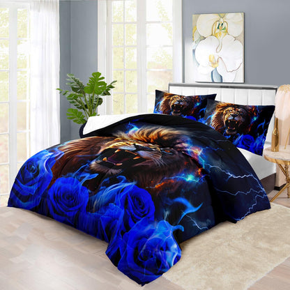 Lion Blue Comforter Set King,Lion Bedding Set Boys,Animal Print Comforter Bedroom Decor for