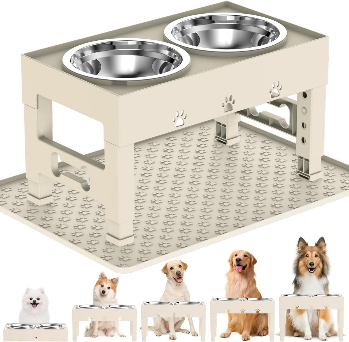Elevated Dog Bowls with Mat, Raised Dog Food Bowl Stand with 2 Stainless Steel Bowls, 5 Height