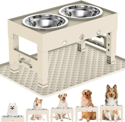 Elevated Dog Bowls with Mat, Raised Dog Food Bowl Stand with 2 Stainless Steel Bowls, 5 Height