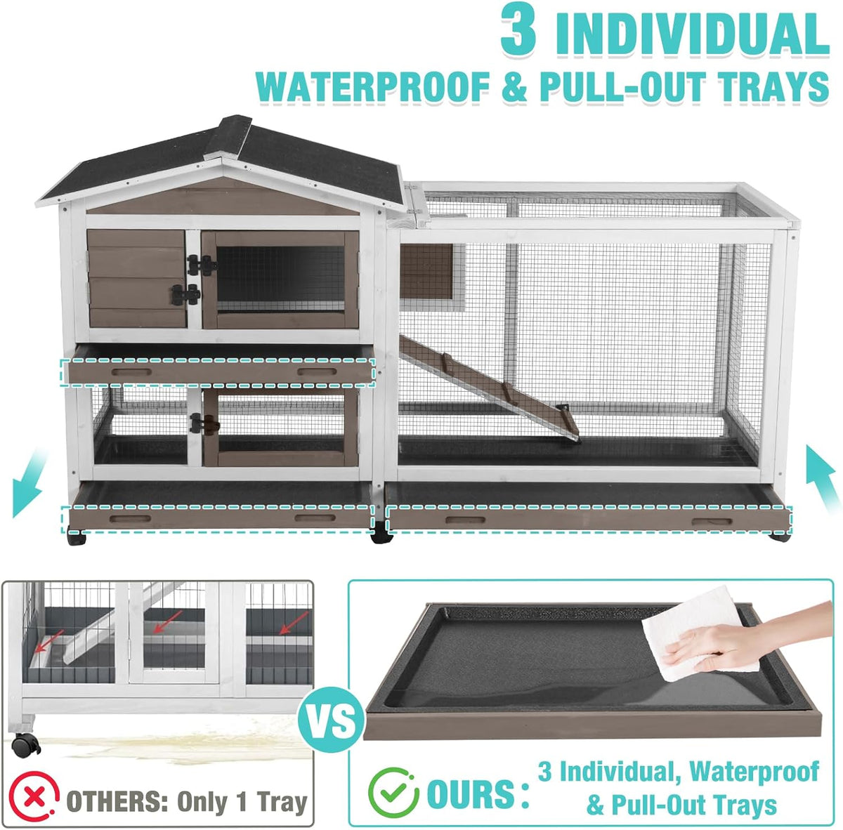 62" Rabbit Hutch with Chew-Proof Ramp & Waterproof Roof - Indoor/Outdoor Bunny Cage, 2-Story