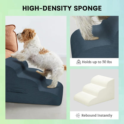 Dog Steps for Small Dogs, 3-Step Pet Ramp Stairs for High Beds and Sofa, Non-Slip Pet Stairs for