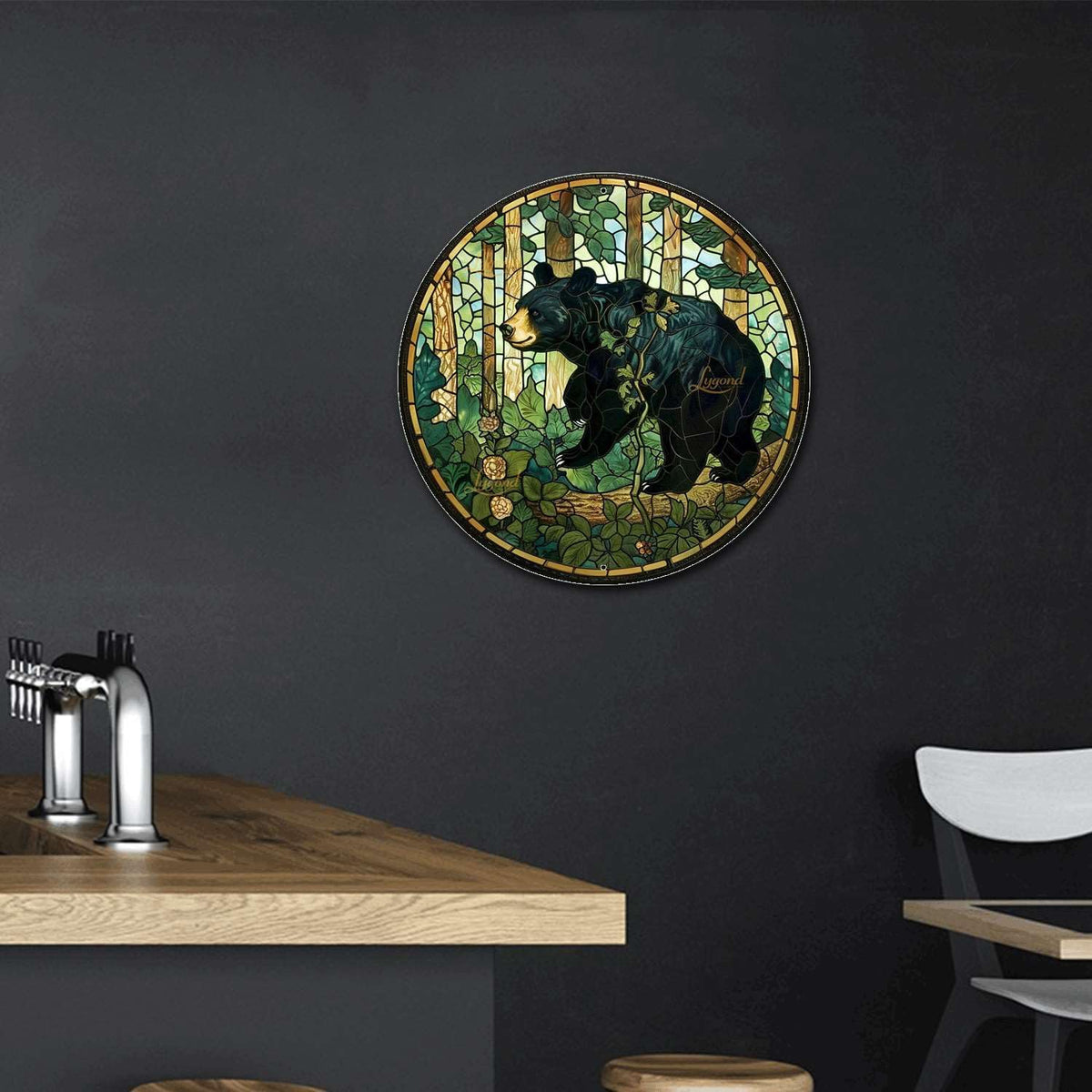 Lygond Metal Sign Tin Sign Circular Stained Glass American Black Bear Minimalist Wall Art for