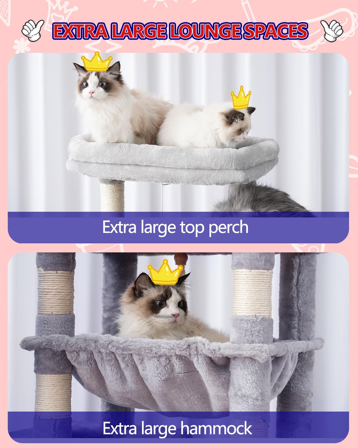 Cat Tree, Cat Tower for Large Cats with 2 Big Platforms, 2 Baskets, condo and Toys, 63" Cat