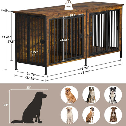 EasyCom 78 Inch Dog Crate Furniture for 2 Dogs, Extra Large Double Dog Cage Large Breed, XXL Thick