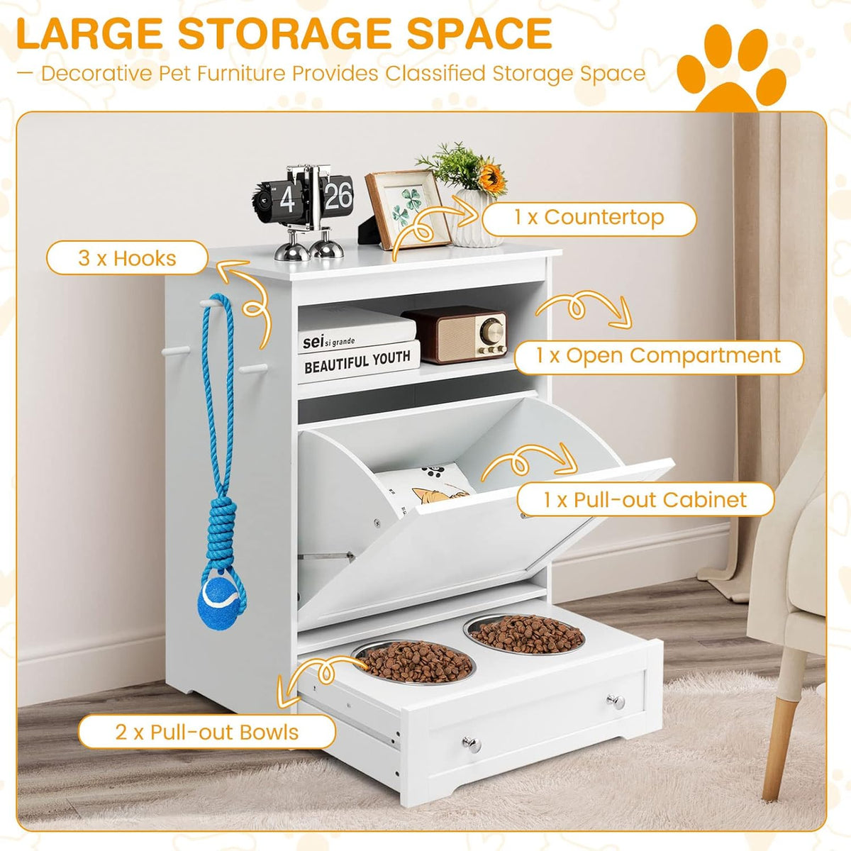 Tangkula Pet Feeder Station, Dog Food Storage Container with Double Pull Out Dog Bowls, Pet Food