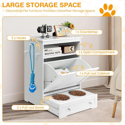 Tangkula Pet Feeder Station, Dog Food Storage Container with Double Pull Out Dog Bowls, Pet Food