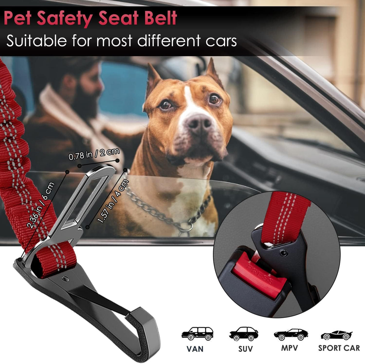 SlowTon Dog Seat Belt, Adjustable Dog Safety Belt Leash, 2 in 1 Latch Bar Attachment Dog Car