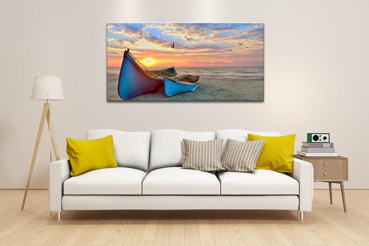 Ocean Sunset Canvas Wall Art for Living Room Sail Boat Framed Artwork Seascape Painting Coastal