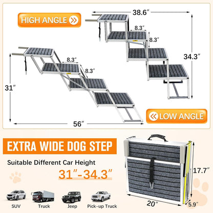 Reflective 20" Wide Dog Car Ramp, 4-Step Aluminum Stairs with Non-Slip Carpet - Foldable Design for