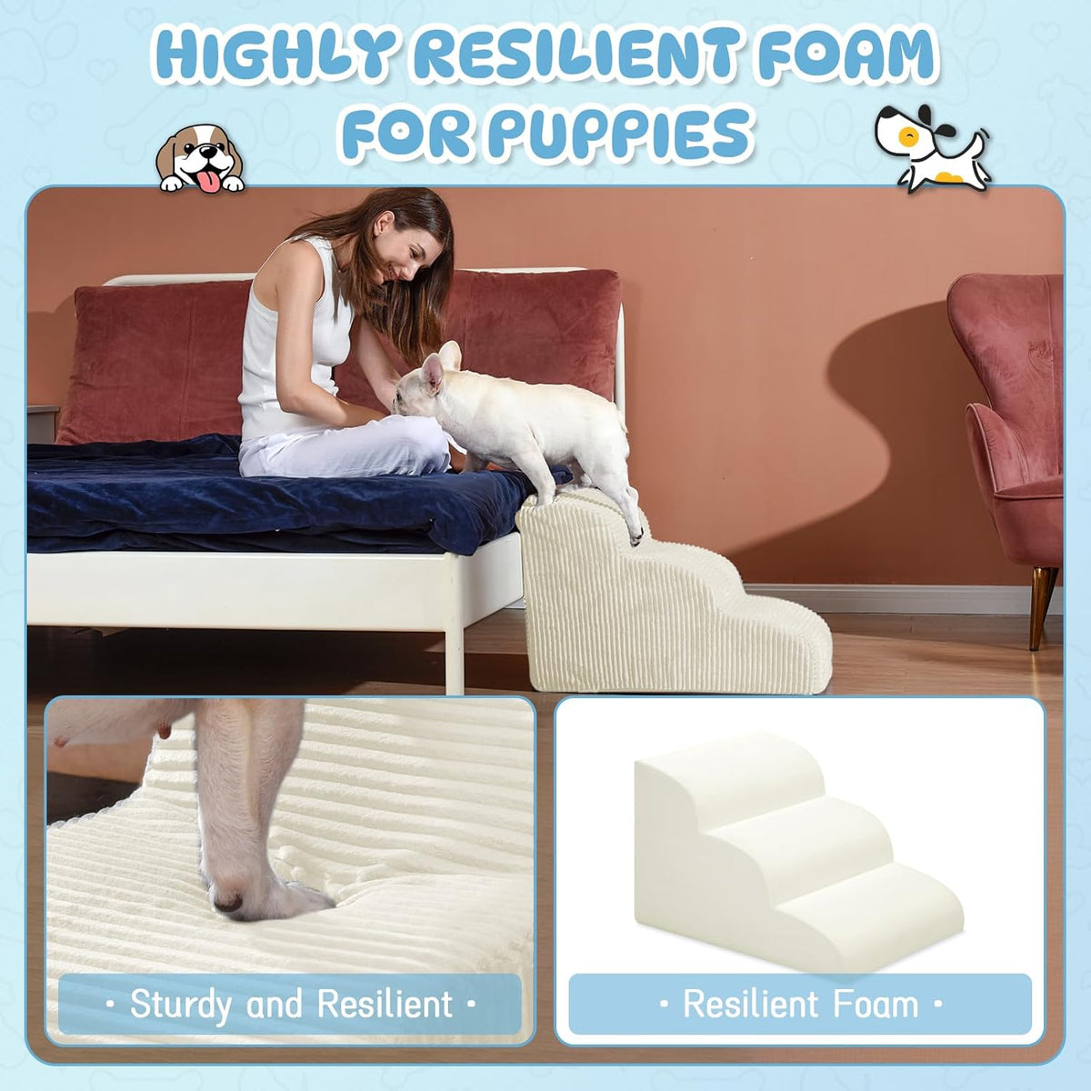 Dog Stairs & Steps for High Beds, 2 Steps High Density Foam Waterproof Dog Ramp for Small Dogs and