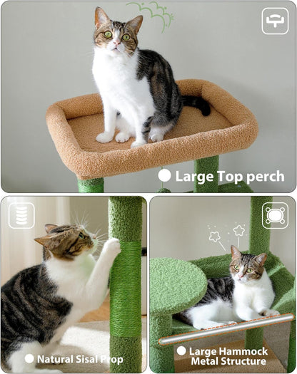 Cactus Cat Tree for Large Cats with Metal Plush Big Hammock, 56.3" Cat Tower for Indoor Cats with 2