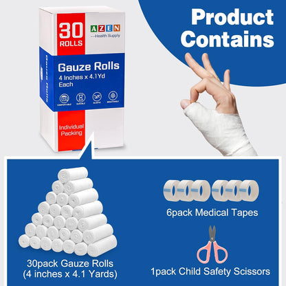 AZEN 30 Pack Gauze Rolls Bandages, 4 in x 4.1 Yards, Premium Medical Supplies & First Aid Supplies