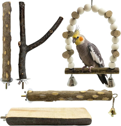 5Pcs Natural Wooden Bird Perch Set – Parrot Perch Toys, Wooden Perch Swing, Cage Accessories for