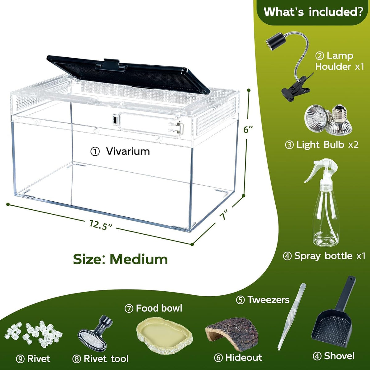 12.5''×6''×7'' Reptile Tank Kit with Heat Lamp, Spray Bottle, Shovel, Tweezers, Food Bowl, Hideout