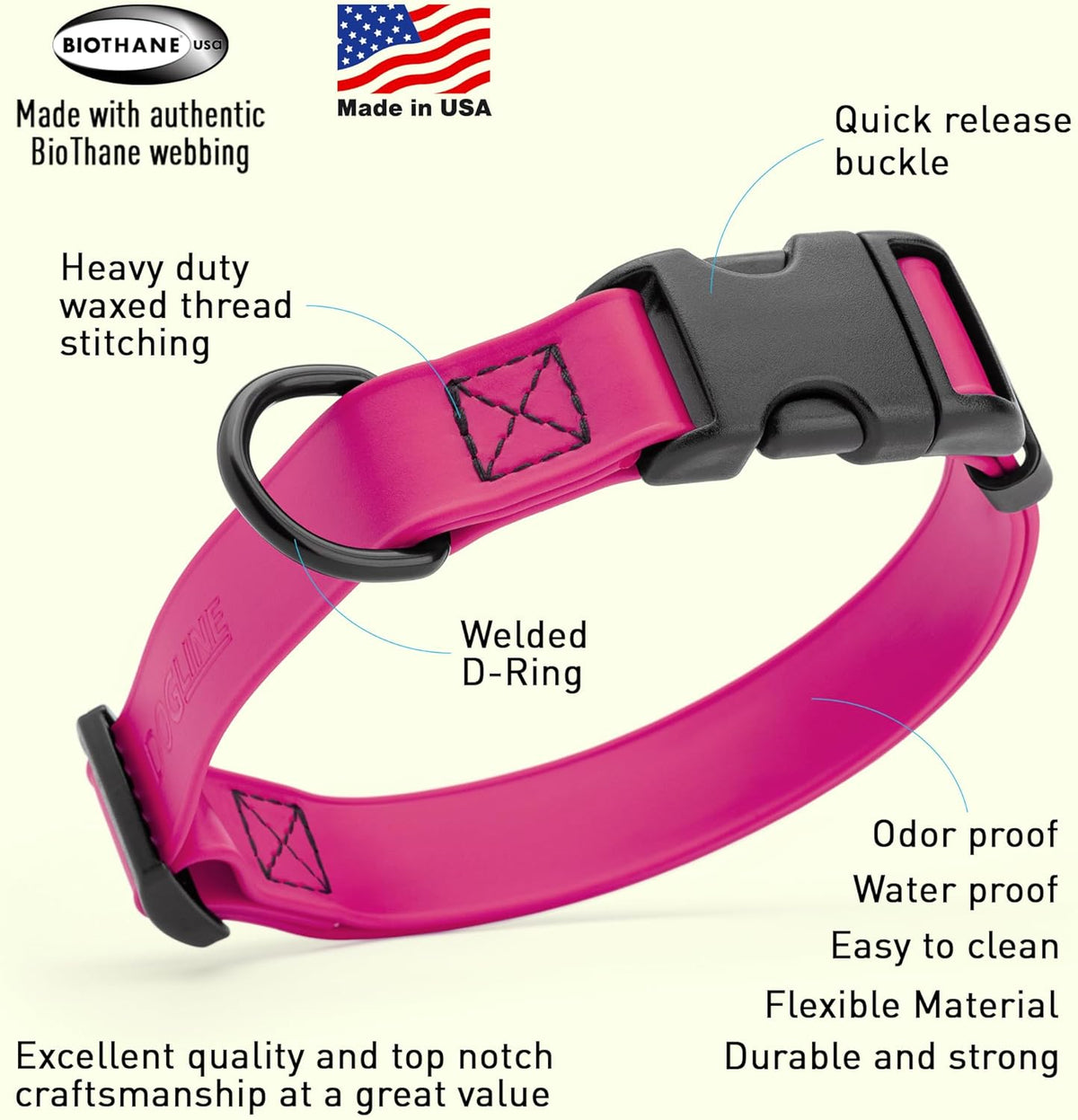 Dogline Biothane Waterproof Dog Collar with Quick Release Buckle Strong Coated Nylon Webbing with