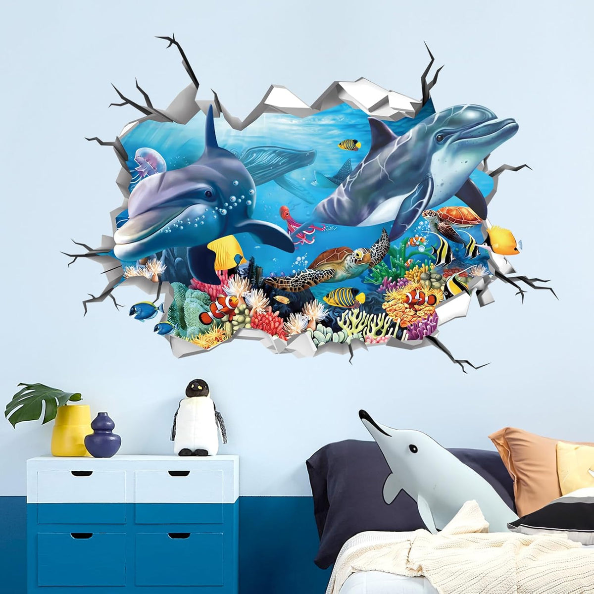 decalmile 3D Under The Sea Dolphin Fish Wall Decals Ocean Turtle Seaweed Broken Wall Stickers Boys