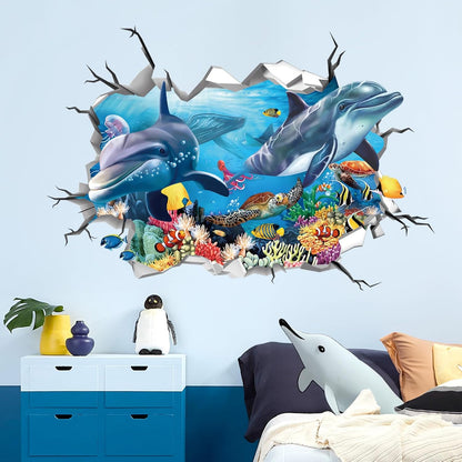 decalmile 3D Under The Sea Dolphin Fish Wall Decals Ocean Turtle Seaweed Broken Wall Stickers Boys