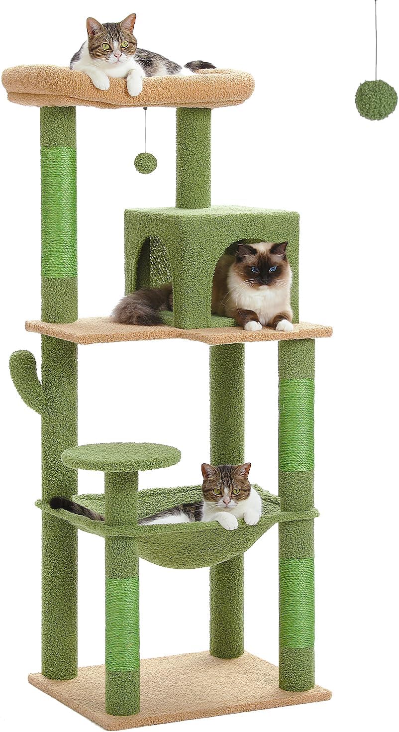 Cactus Cat Tree for Large Cats with Metal Plush Big Hammock, 56.3" Cat Tower for Indoor Cats with 2