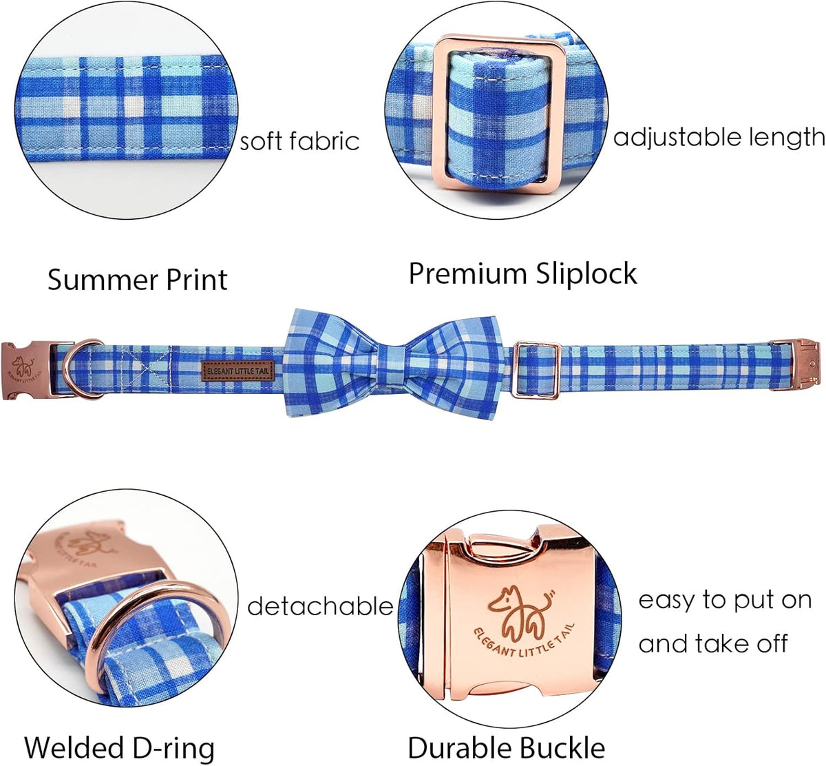 Elegant little tail Dog Collar with Bow - Blue Plaid Boy Dog Collar Cute Bowtie Pet Collar