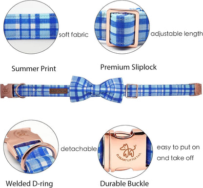 Elegant little tail Dog Collar with Bow - Blue Plaid Boy Dog Collar Cute Bowtie Pet Collar
