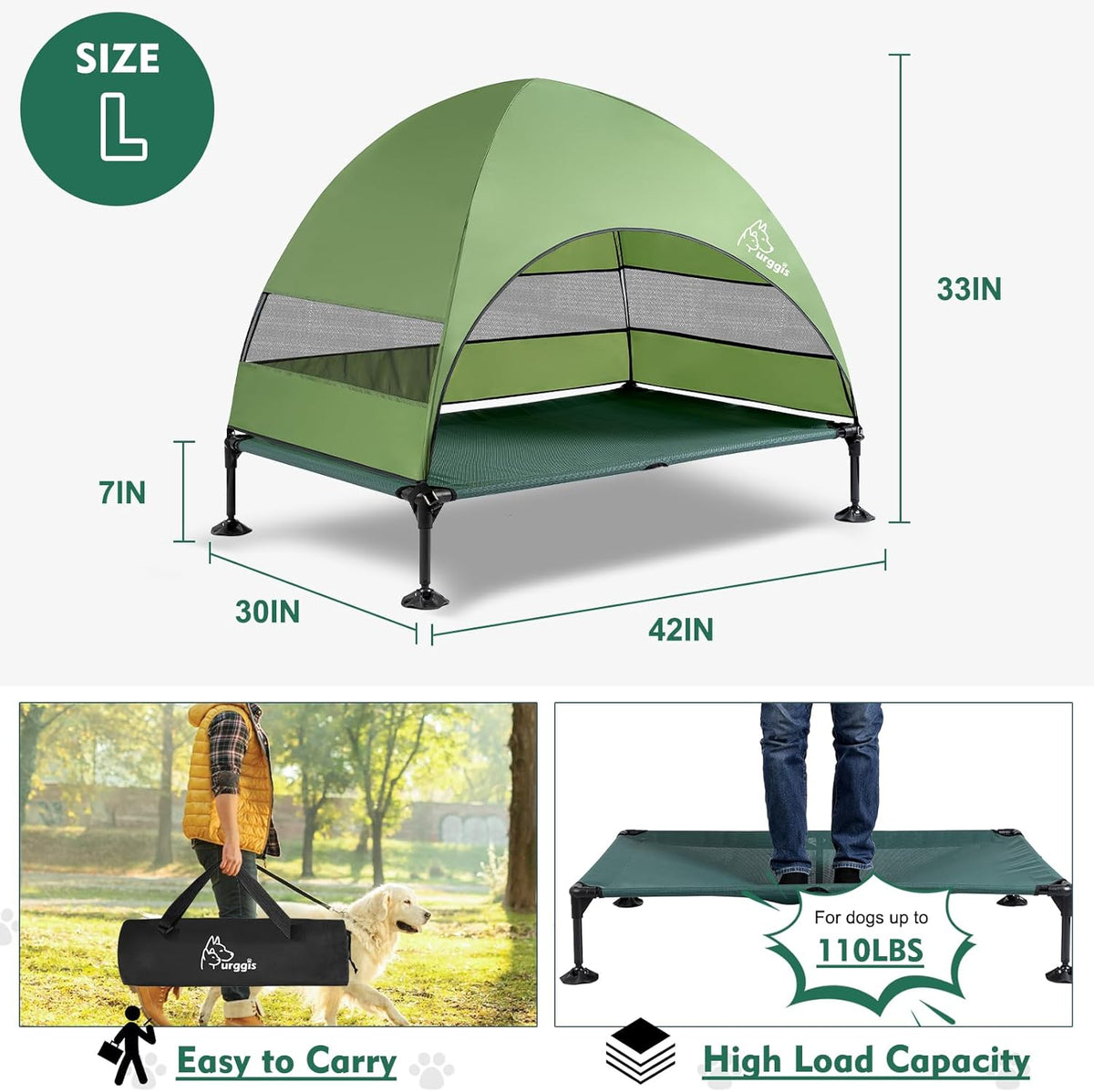 Upgraded Elevated Dog Bed with Canopy, Portable Raised Outdoor Dog Bed with Stable Anti-Slip Feet